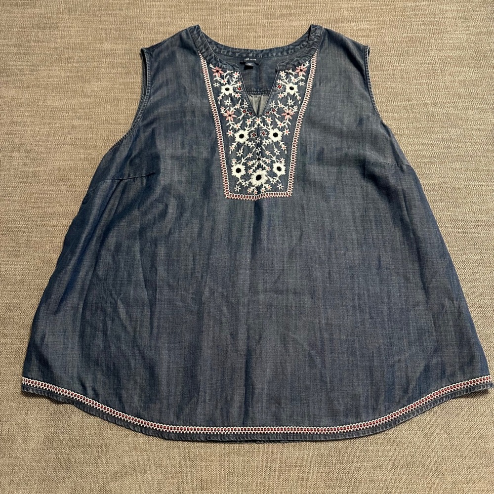 J. Jill Denim Top Womens 2X Blue Embroidered Sleeveless Chambray Tank